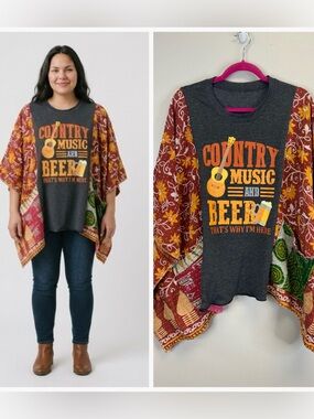 Country Music Beer Kantha Poncho 3/4 Sleeve Pockets Festival Boho Camping Party
